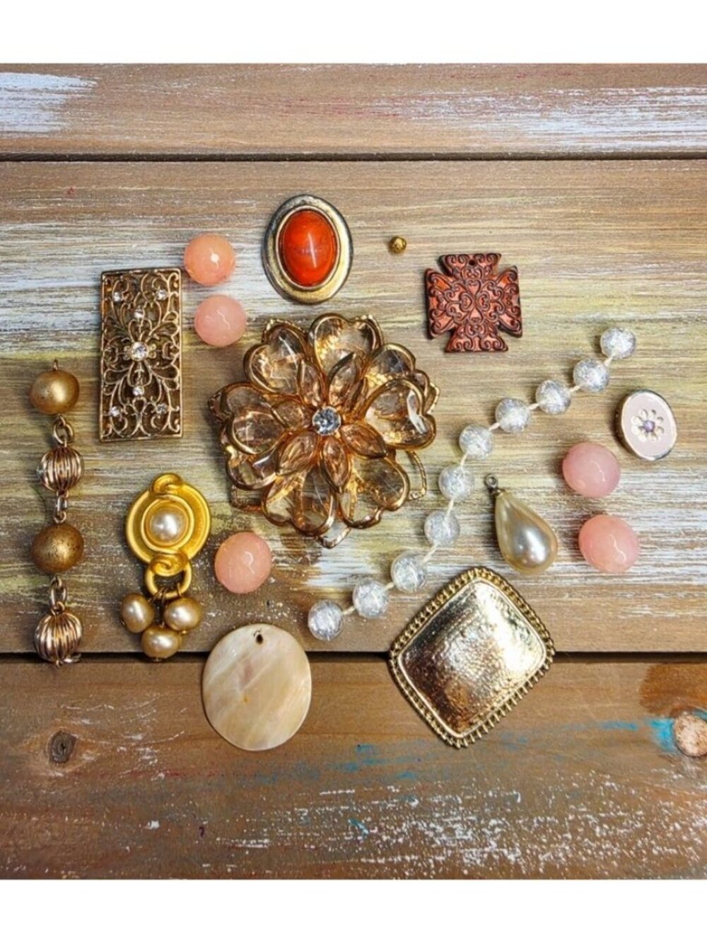 Junk Art Jewelry Curated Lot #8 "Blush" Pearls Metal Filigree Beads Upcycle Mult
